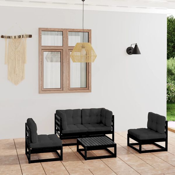 vidaXL Garden Lounge Set Black Solid Pine wood, fabric (100% polyester)