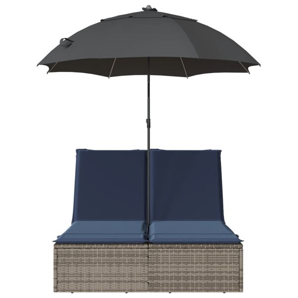 vidaXL Double Sun Lounger with Cushions&Parasol Gray Poly Rattan