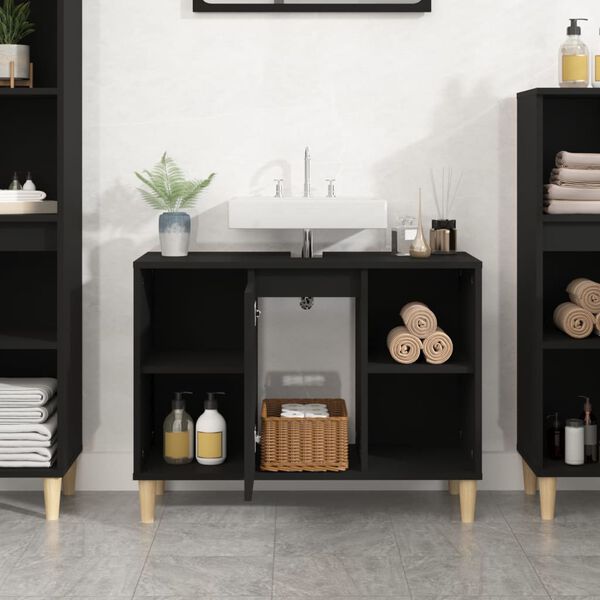 vidaXL Sink Cabinet Black Engineered wood, Solid eucalyptus wood