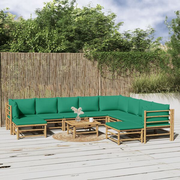 vidaXL Garden Lounge Set Natural Bamboo, Green Cushions Bamboo, Polyester