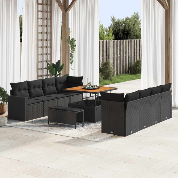 vidaXL Garden Sofa Set with Cushion 12 pcs Black Poly Rattan