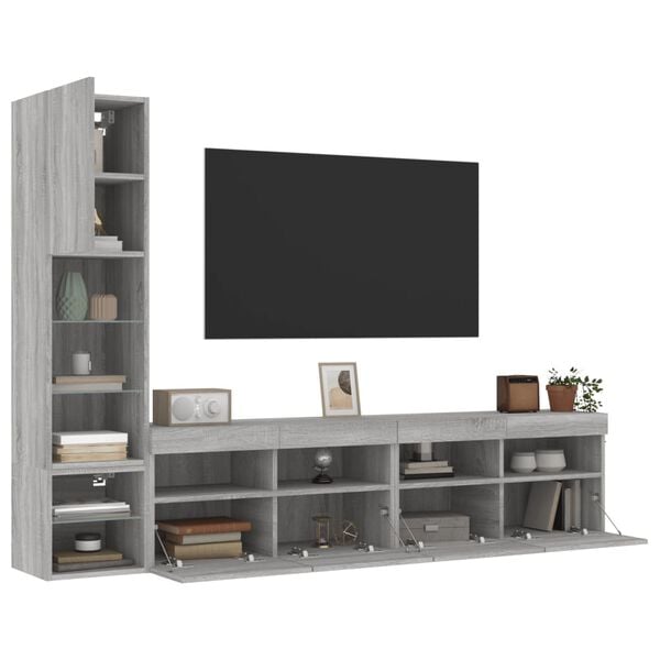 vidaXL 4 Piece TV Wall Units with LED Gray Sonoma Engineered Wood