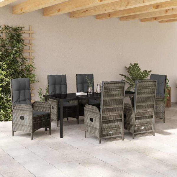 vidaXL Garden Dining Set with Cushion 7 pcs Grey Poly Rattan