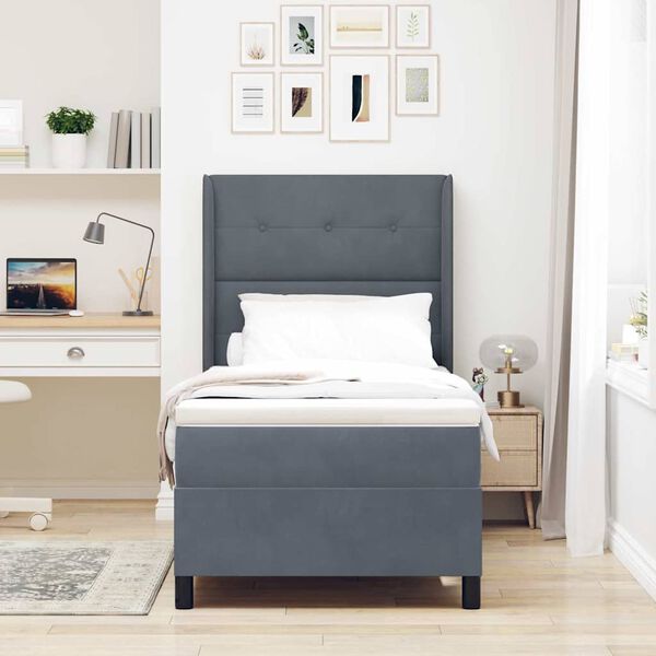 vidaXL Box Spring Bed with Headboard Dark Grey 39.37 x 78.74 in Velvet