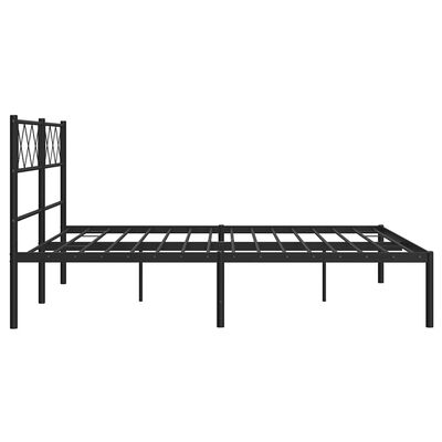 Side view of a metal bed frame with slatted base and headboard