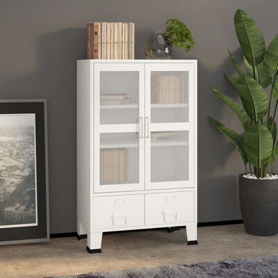 White display cabinet with glass doors, two drawers at bottom, decorative items on top, plant nearby.