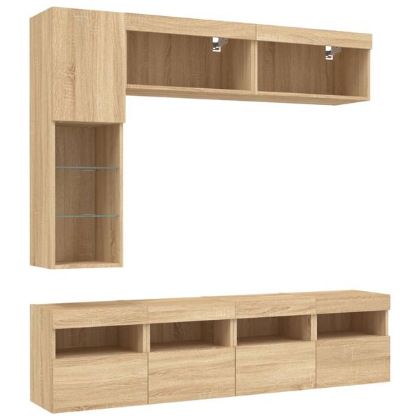 vidaXL 7 Piece TV Wall Stand Set with LED Lights Sonoma Oak