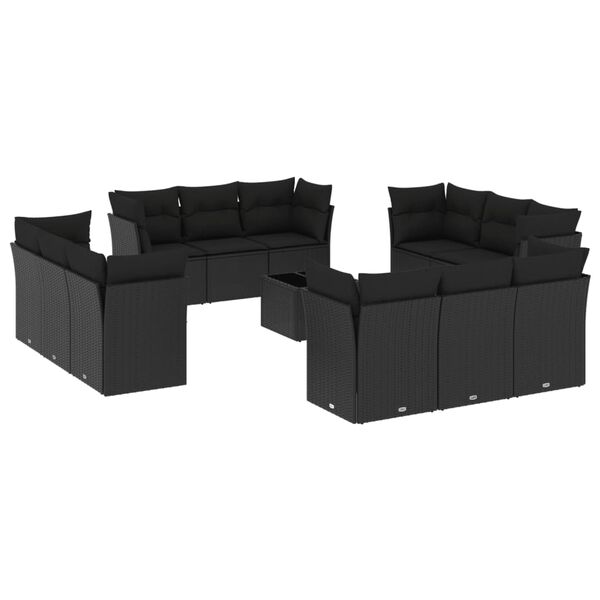 vidaXL Sofa Set Black PE rattan, powder-coated steel, tempered glass Large