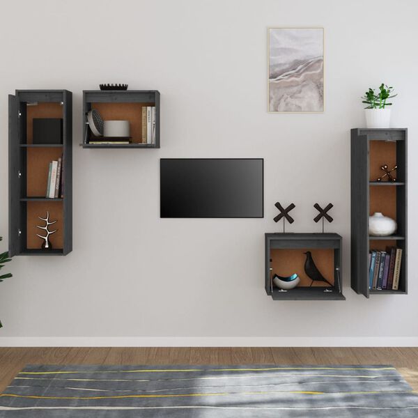 vidaXL TV Cabinet Set of 4 Grey Solid pine wood Standard TV Cabinet