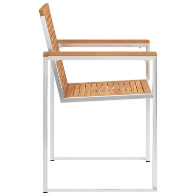 Side view of chair with white metal frame and wooden seat and backrest