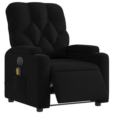 Close-up view of the black recliner showing armrest and pocket with remote control feature