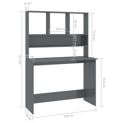 vidaXL Desk with Shelves High Gloss Gray 43.3" x 17.7" x 61.8" Engineered Wood