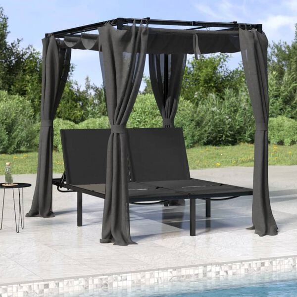 vidaXL Sun Lounger With Curtains Anthracite Powder-coated steel, fabric