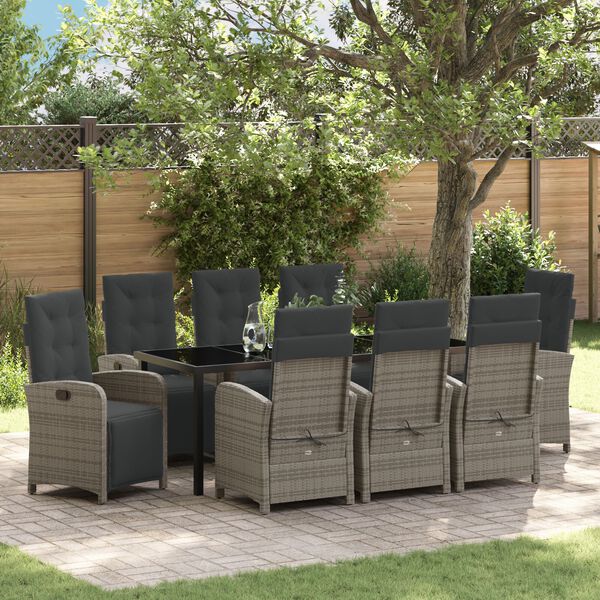 vidaXL Garden Dining Set with Cushion 9 pcs Grey Poly Rattan