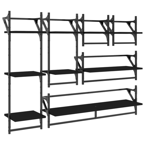 vidaXL Wall Shelf Set Set of 6 Black Engineered wood, metal Large