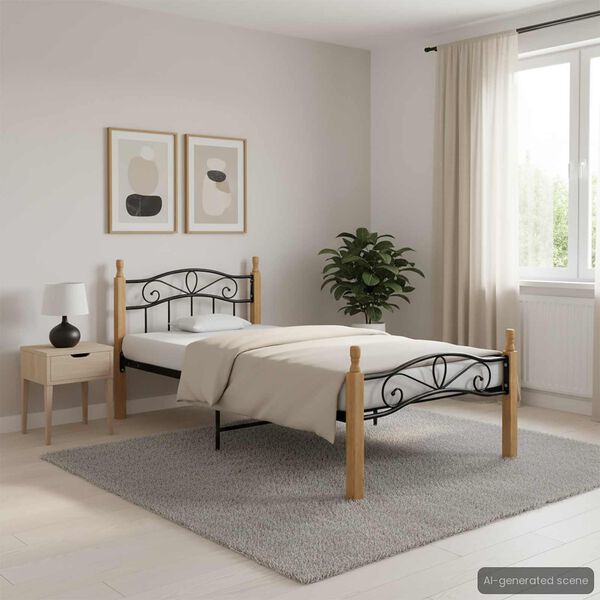 vidaXL Bed Frame Black and natural wood Powder-coated metal, solid oak wood