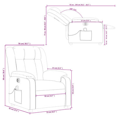 Technical dimensions diagram of the recliner with measurements
