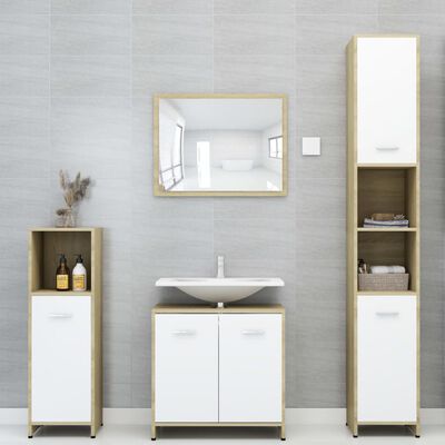 vidaXL 3 Piece Bathroom Furniture Set White and Sonoma Oak Engineered Wood