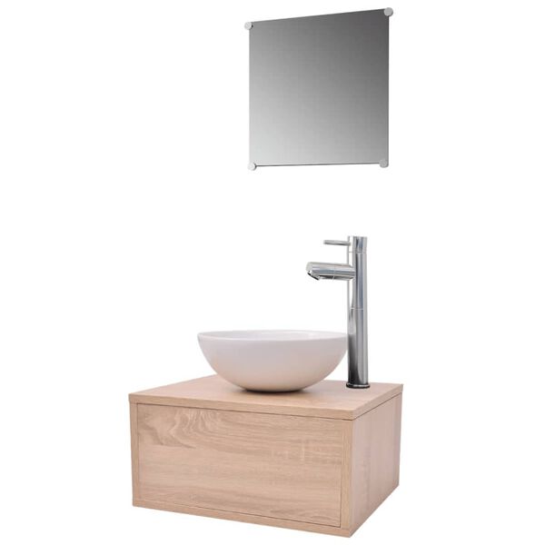 vidaXL Bathroom Cabinet Beige, White, Silver Engineered wood, Ceramic, Brass