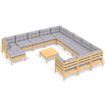 vidaXL 13 Piece Patio Lounge Set with Gray Cushions Pinewood