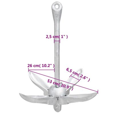 vidaXL Folding Anchor with Rope Silver 17.6 lb Malleable Iron