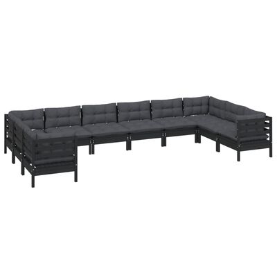 vidaXL 10 Piece Patio Lounge Set with Cushions Black Pinewood