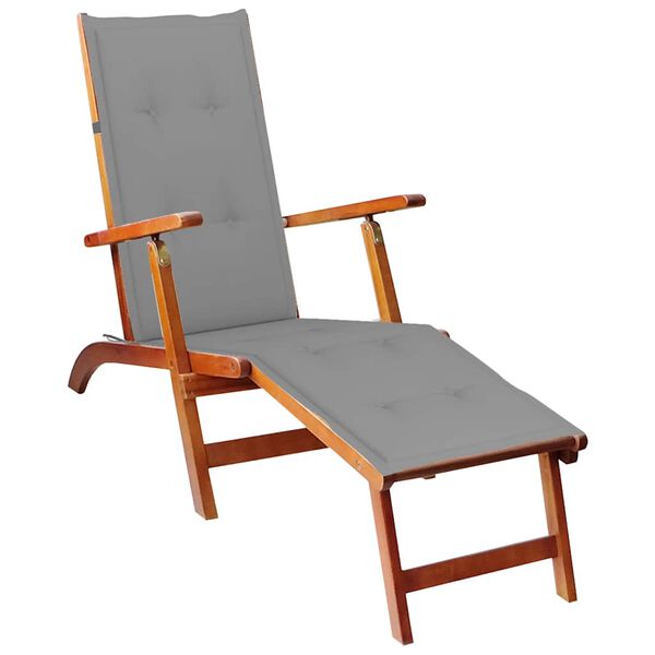 vidaXL Deck Chair Natural wood, Grey cushion