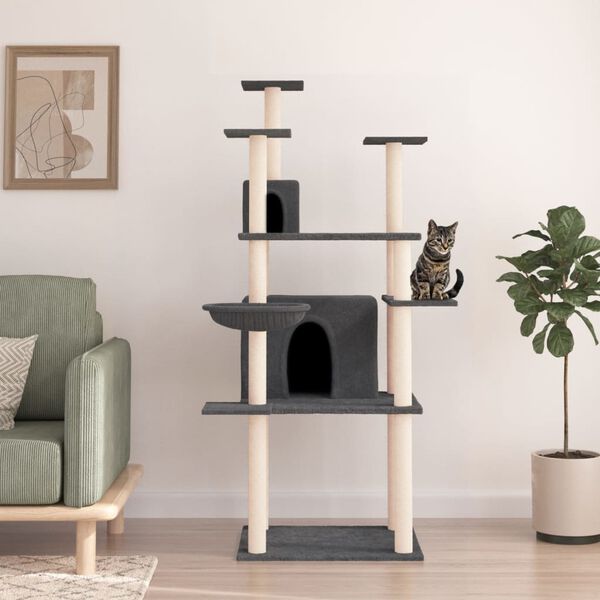 vidaXL Cat Tree Dark Grey Engineered wood, plush, sisal 65.4 in tall