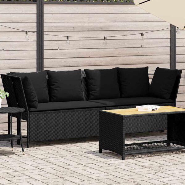 vidaXL Patio Sofa with Cushions Black Poly Rattan