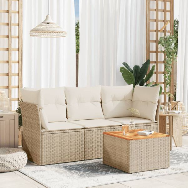 vidaXL 4 Piece Patio Sofa Set with Cushions Beige Poly Rattan