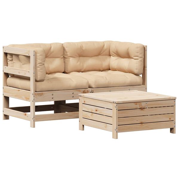 vidaXL 3 Piece Patio Lounge Set with Cushions Solid Wood Pine