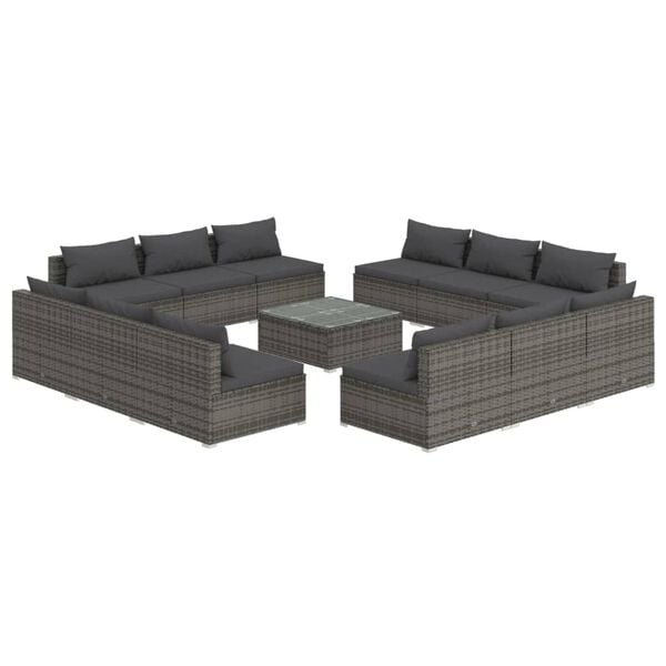 vidaXL Garden Lounge Set Grey PE Rattan, Powder-Coated Steel, Glass Large