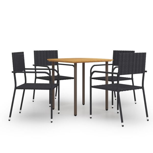 vidaXL Dining Set Black Solid Acacia wood, Powder-Coated Steel, PE Rattan