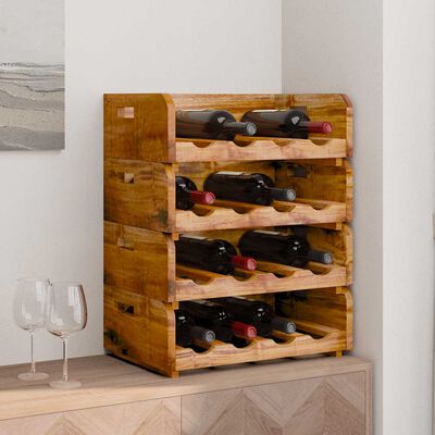 Wine rack placed on a cabinet with two wine glasses nearby.