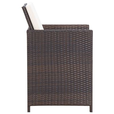Side view of brown wicker armchair with beige cushions