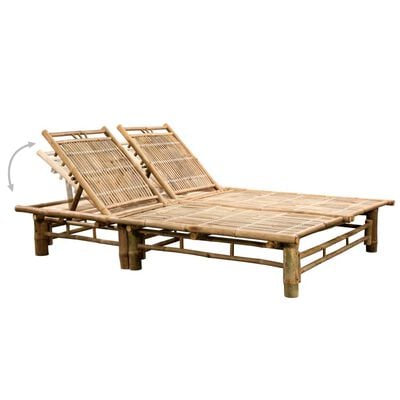 Two adjustable-back bamboo lounge chairs on a platform with curved arrows indicating folding.