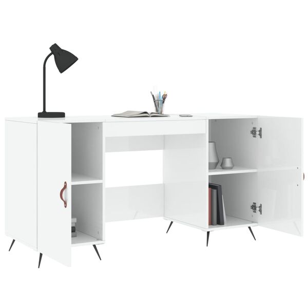 vidaXL Desk Shiny White Engineered Wood, Iron, Faux Leather Medium Desk