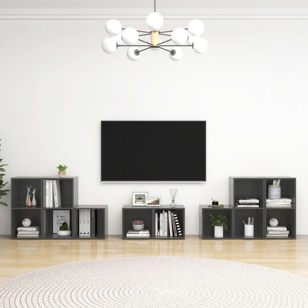 vidaXL TV Cabinet Set High Gloss Gray Engineered Wood Gray TV Cabinets