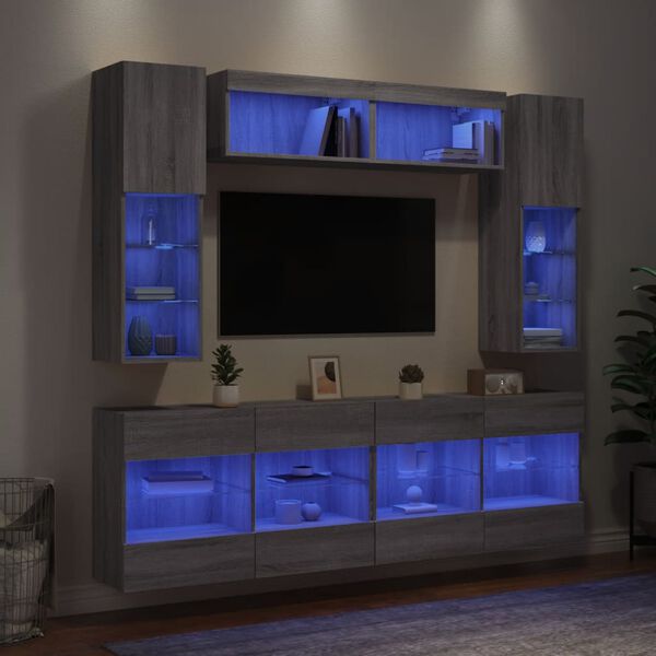 vidaXL 6 Piece TV Wall Stand Set with LED Lights Gray Sonoma