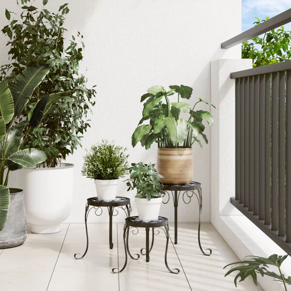 vidaXL Plant Stand Set of 3 Black and White Powder-coated iron, Ceramic