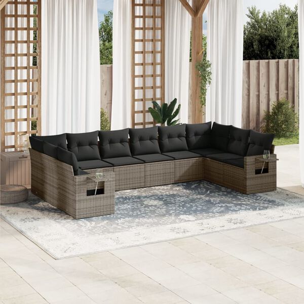 vidaXL Garden Sofa Set Grey PE rattan, powder-coated steel, polyester, foam