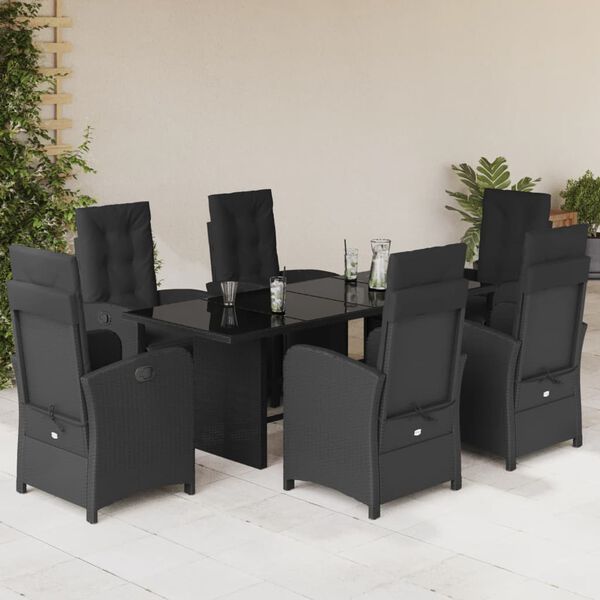 vidaXL 7 Piece Patio Dining Set with Cushions Black Poly Rattan