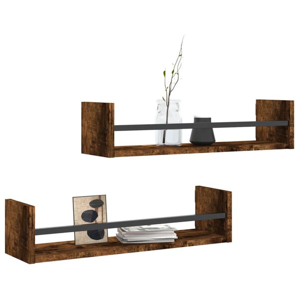 vidaXL Wall Shelf Set of 2 Smoked oak Engineered wood, steel 23.6 in