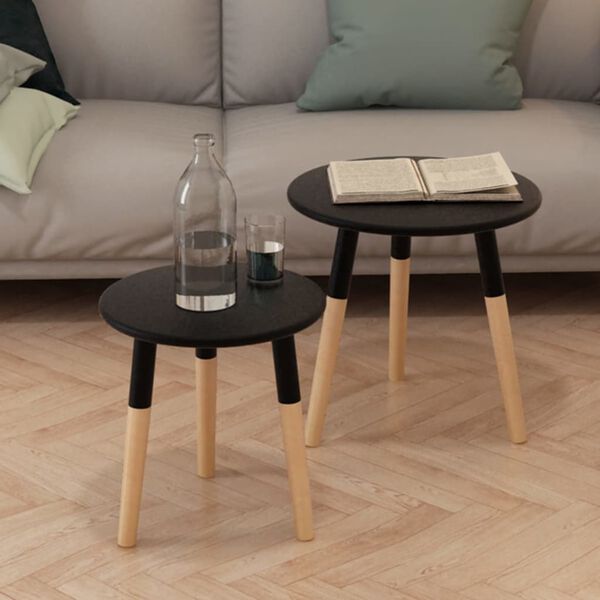 vidaXL Side Table Set of 2 Black Solid pinewood legs, MDF top Small
