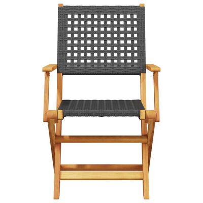 Front view of a grey woven outdoor armchair with wooden frame and open armrests.