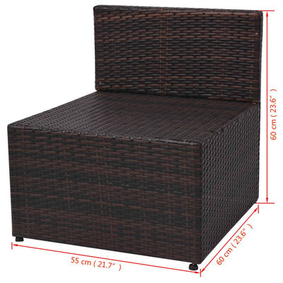 Measurement diagram of brown wicker modular seating unit with dimensions