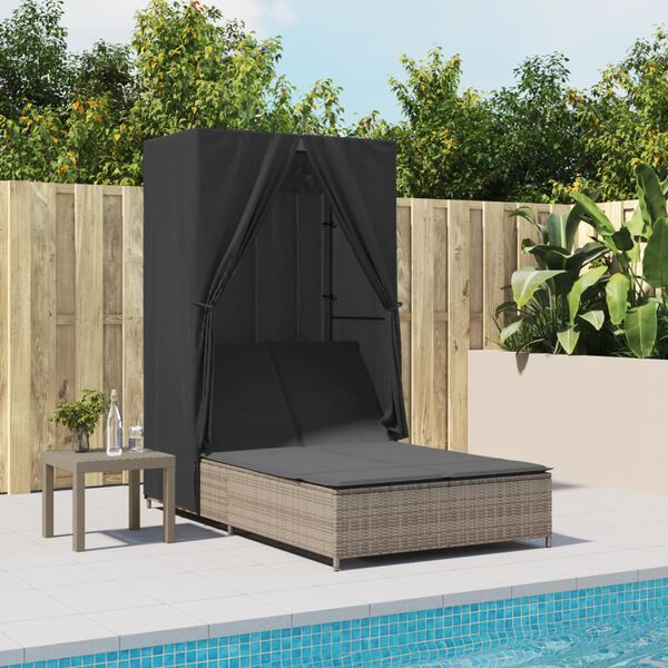 vidaXL Double Sun Lounger with Roof and Curtains Grey Poly Rattan