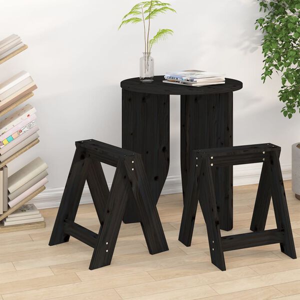vidaXL Stool Set of 2 Black Solid pine wood Medium Stool Square