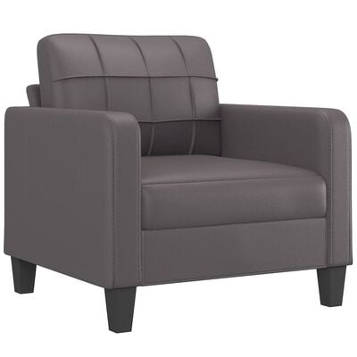 Gray armchair with grid-stitch backrest and square armrests on short tapered legs.