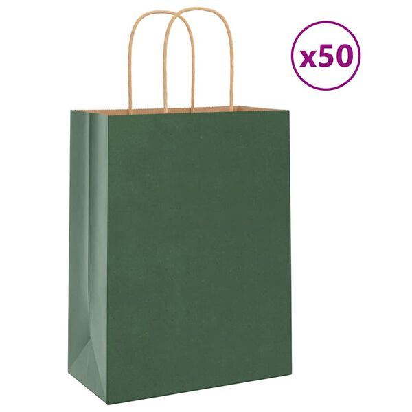 vidaXL Paper Bags 50 pcs with Handles Green 21x11x28 cm